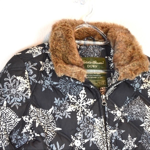 Eddie Bauer Goose Down Snowflake‎ Print Faux Fur Winter Jacket, Small - Picture 2 of 13